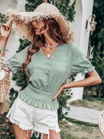 Blouse Chemisier Courte Femme à Col V avec Manches Courtes Amples Coupe Cintrée Bas Evasée Unicolore