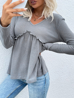 Blouse Chemisier Courte Femme à Col V avec Manches Longues Bas Evasée Unicolore