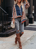 Blouse Chemisier Courte Imprimé à Col Revers avec Manches Longues avec Boutons Blouse Femme