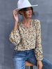 Blouse Chemisier Courte Imprimé Fleurie à Col V avec Manches Longues Amples Blouse Femme