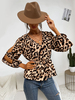 Blouse Chemisier Courte Imprimé Léopard à Col V avec Manches Longues Amples Coupe Cintrée