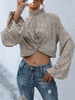 Blouse Chemisier Courte Taille Haute Imprimé à Col Montant avec Manches Longues Amples Bicolores
