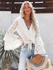 Blouse Chemisier en Dentelle Creusante Courte à Col V avec Manches Longues Volantes Coupe Cintrée à Lacets Unicolore