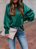 Blouse Chemisier en Satin à Col Rond avec Manches Longues Amples Unicolore Blouse Femme
