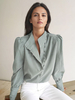 Blouse Chemisier Femme à Col Montant avec Manches Longues Amples avec Boutons