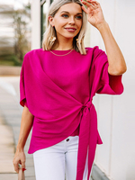 Blouse Chemisier Femme à Col Rond avec Manches Courtes Coupe Cintrée à Lacets Unicolore