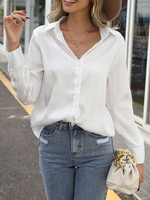 Blouse Chemisier Femme Courte à Col Revers avec Manches Longues avec Boutons Unicolore