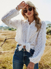 Blouse Chemisier Femme Courte Broderies à Col Revers avec Manches Longues Amples Unicolore Chemisier Blanche