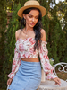 Blouse Chemisier Femme Courte Taille Haute Imprimé Fleurie avec Epaule Dénudée avec Manches Longues Amples Bicolores
