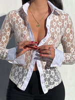 Blouse Chemisier Femme en Dentelle Creusante Fleurie à Col Revers avec Manches Longues avec Boutons Unicolore Blouse Sexy