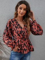 Blouse Chemisier Femme Imprimé à Col V avec Manches Longues Amples Coupe Cintrée Bas Evasée Bicolores Blouse Femme