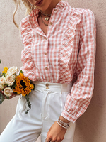Blouse Chemisier Femme Imprimé Carreaux à Col Revers avec Manches Longues Amples avec Boutons avec Volantes Bicolores Blouse Femme