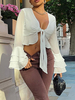 Blouse Chemisier Femme Sexy Haut à Col Décolleté en V à Lacets avec Manches Longues Volantes Unicolore