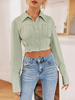 Blouse Chemisier Femme Taille Haute à Col Revers avec Manches Longues Unicolore