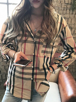 Blouse Chemisier Imprimé Carreaux Court Femme à Col Revers avec Manches Longues avec Boutons Bicolores
