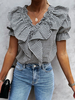 Blouse Chemisier Imprimé Carreaux Femme à Col V avec Manches Courtes Amples avec Volantes Bicolores Blouse Sexy