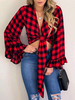 Blouse Chemisier Imprimé Carreaux Femme Taille Haute à Col V avec Manches Longues Volantes Coupe Cintrée à Lacets Bicolores Blouse Eté Sexy