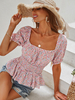 Blouse Chemisier Imprimé Femme à Col Carré avec Mancches Courtes Amples Coupe Cintrée Bas Evasée