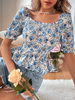 Blouse Chemisier Imprimé Femme à Col Rond avec Manches Courtes Amples Coupe Cintrée Bas Evasée