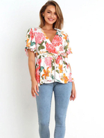 Blouse Chemisier Imprimé Femme avec Manches Courtes à Col V Coupe Cintrée Bas Evasée