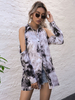 Blouse Chemisier Imprimé Femme avec Manches Longues avec Epaule Dénudée à Col Revers avec Boutons Bicolores Blouse Sexy