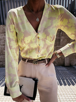 Blouse Chemisier Imprimé Femme Courte à Col Décolleté en V avec Manches Longues avec Boutons Bicolores