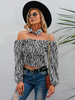 Blouse Chemisier Imprimé Femme Courte avec Epaule Dénudée avec Manches Longues Amples Bicolores