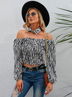Blouse Chemisier Imprimé Femme Courte avec Epaule Dénudée avec Manches Longues Amples Bicolores