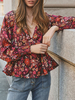 Blouse Chemisier Imprimé Fleurie Courte à Col Décolleté en V à Lacets avec Manches Longues Amples Bas Evasée