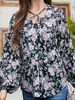 Blouse Chemisier Imprimé Fleurie Courte à Col V à Lacets avec Manches Longues Amples