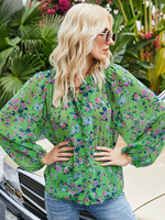Blouse Chemisier Imprimé Fleurie en Mousseline à Col Rond à Lacets avec Manches Longues Amples Multicolores