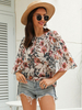 Blouse Chemisier Imprimé Fleurie en Mousseline à Col Rond à Lacets avec Manches Mi-longues Amples Bicolores
