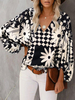 Blouse Chemisier Imprimé Fleurie en Mousseline à Col V avec Manches Longues Amples Bicolores