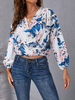 Blouse Chemisier Imprimé Fleurie Taille Haute à Col V avec Manches Longues Amples Bicolores