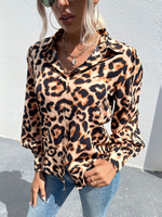 Blouse Chemisier Imprimé Léopard Femme à Col Revers avec Manches Longues avec Boutons Bicolores