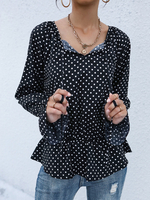 Blouse Chemisier Imprimé Pois Femme Courte à Col V à Lacets avec Manches Longues Bas Evasée Bicolores