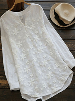 Blouse Chemisier T-shirt Broderies Fleurie Court Femme à Col Rond avec Manches Longues Amples Unicolore Chemise Blanche