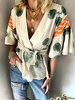 Blouse Chemisier T-shirt Imprimé Fleurie Court Femme à Col V avec Manches Courtes Volantes Bicolores