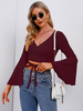 Blouse Chemisier Taille Haute à Col Décolleté en V avec Manches Longues Volantes Coupe Cintrée à Lacets Unicolore
