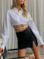 Blouse Chemisier Taille Haute avec Manches Longues à Col Revers Coupe Cintrée à Lacets Croisé Unicolore Blouse Femme