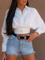 Blouse Chemisier Taille Haute Femme avec Manches Longues Amples à Col Revers Coupe Cintrée avec Boutons Unicolore Blouse Sexy