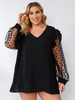 Blouse grande taille pour femme col en V manches longues dentelle polyester T-shirt noir