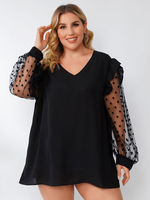 Blouse grande taille pour femme col en V manches longues dentelle polyester T-shirt noir