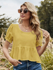 Blouse pour femme jaune polyester col bijou décontracté plissé à lacets manches courtes t-shirt surdimensionné