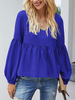 Blouse pour femme mélange de coton bleu col en v décontracté manches longues manches bouffantes volants hauts pour femmes