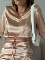 Blouse T-shirt en Satin à Col Rond avec Manches Longues Unicolore Blouse Femme