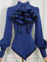 Blouses Lolita Steampunk Volants Dentelle Haut Lolita Manches Longues Blouse Chemise Lolita Bleue