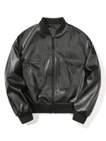 Blouson aviateur femme noir col montant manches longues fermeture éclair veste courte en cuir Synthétique