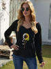 Blouson noir pour femme col bijou manches longues polyester imprimé tournesol motif t-shirt décontracté