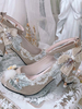 Blue Grey Lolita Chaussures Fleur Dentelle Tissu Mince High High Heels Lolita High Talons